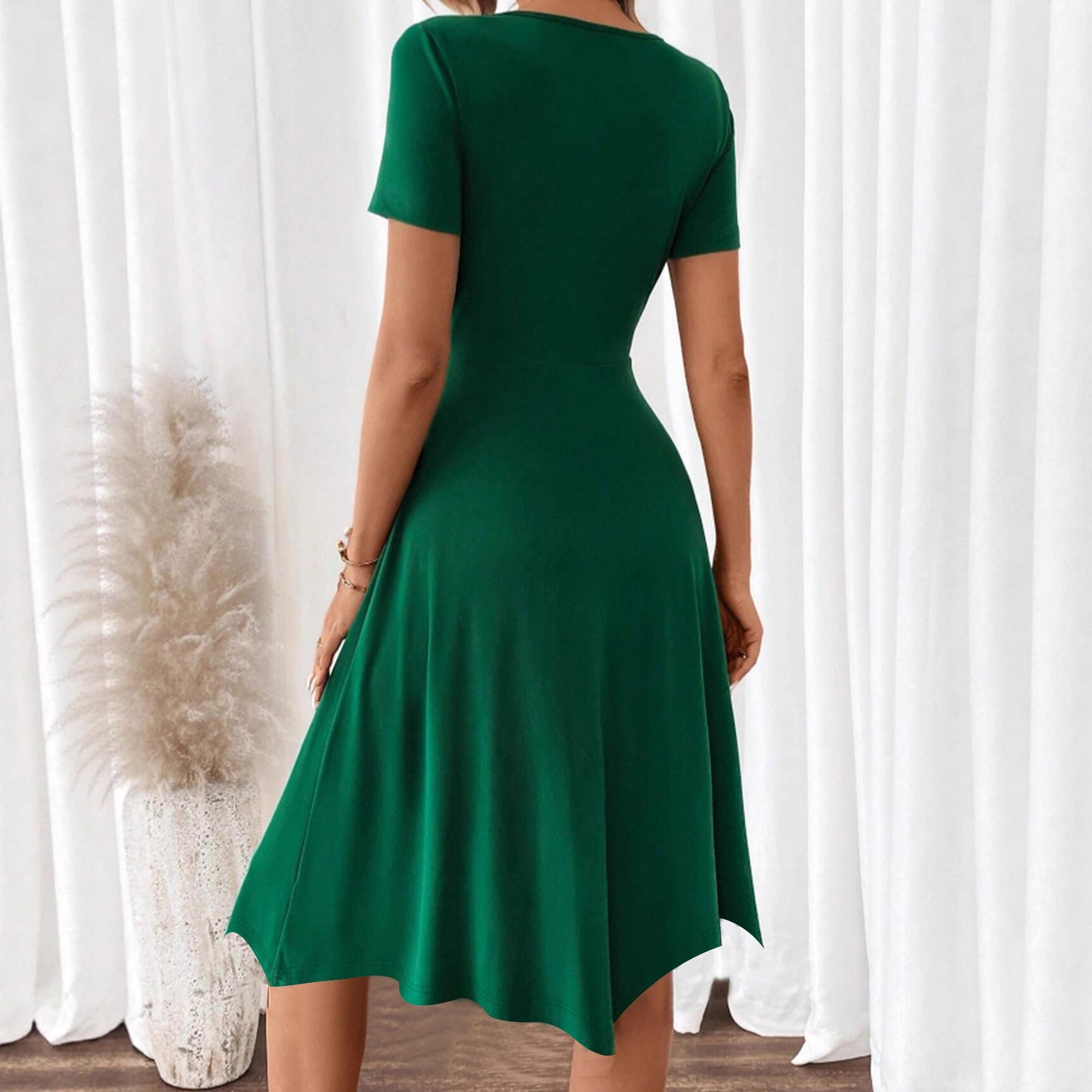 Elegant Dark Green V-Neck Button Detail Midi Dress for Women – A-Line Midi Dress